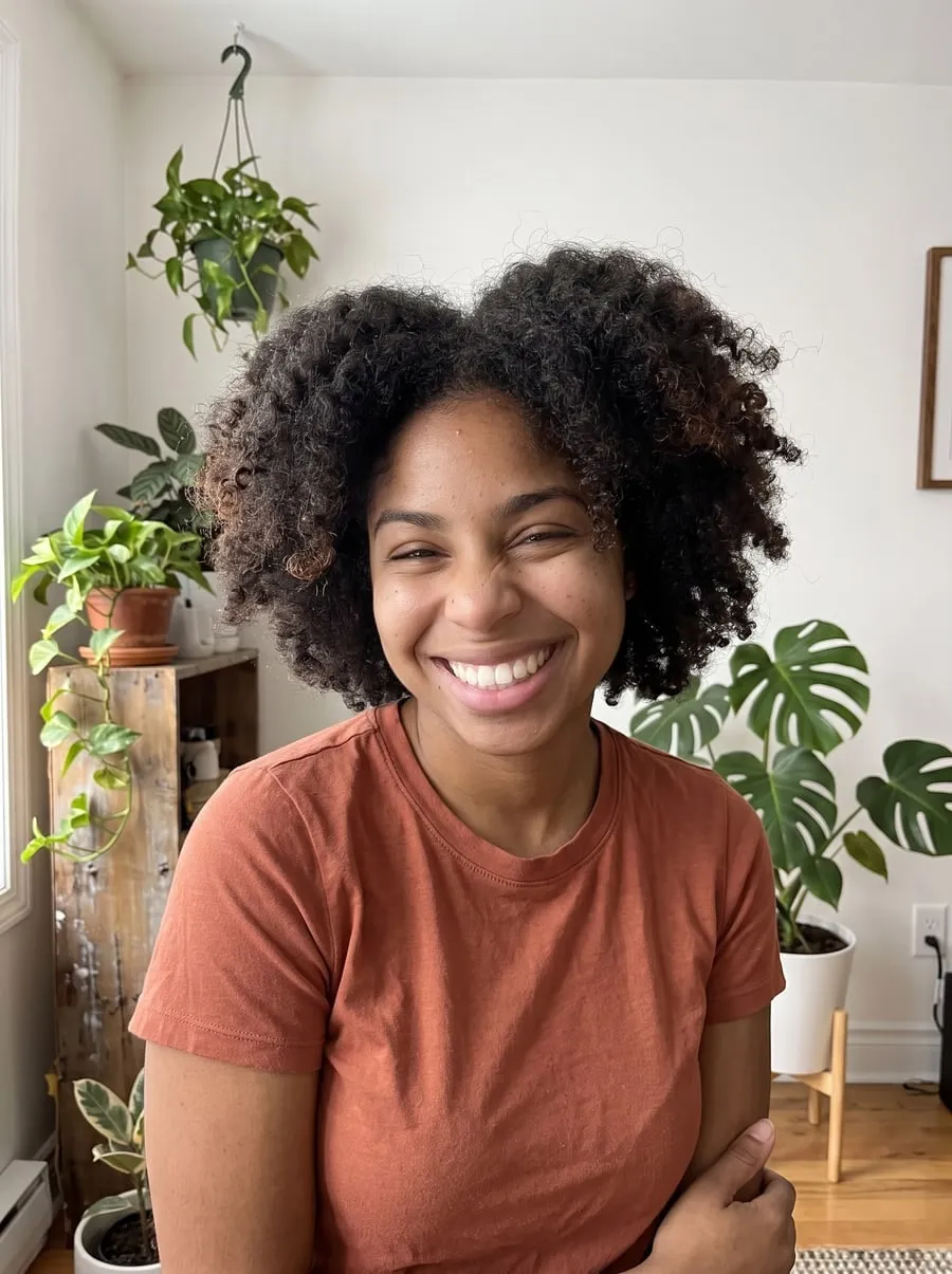 Before the silk press: client with natural coily curls