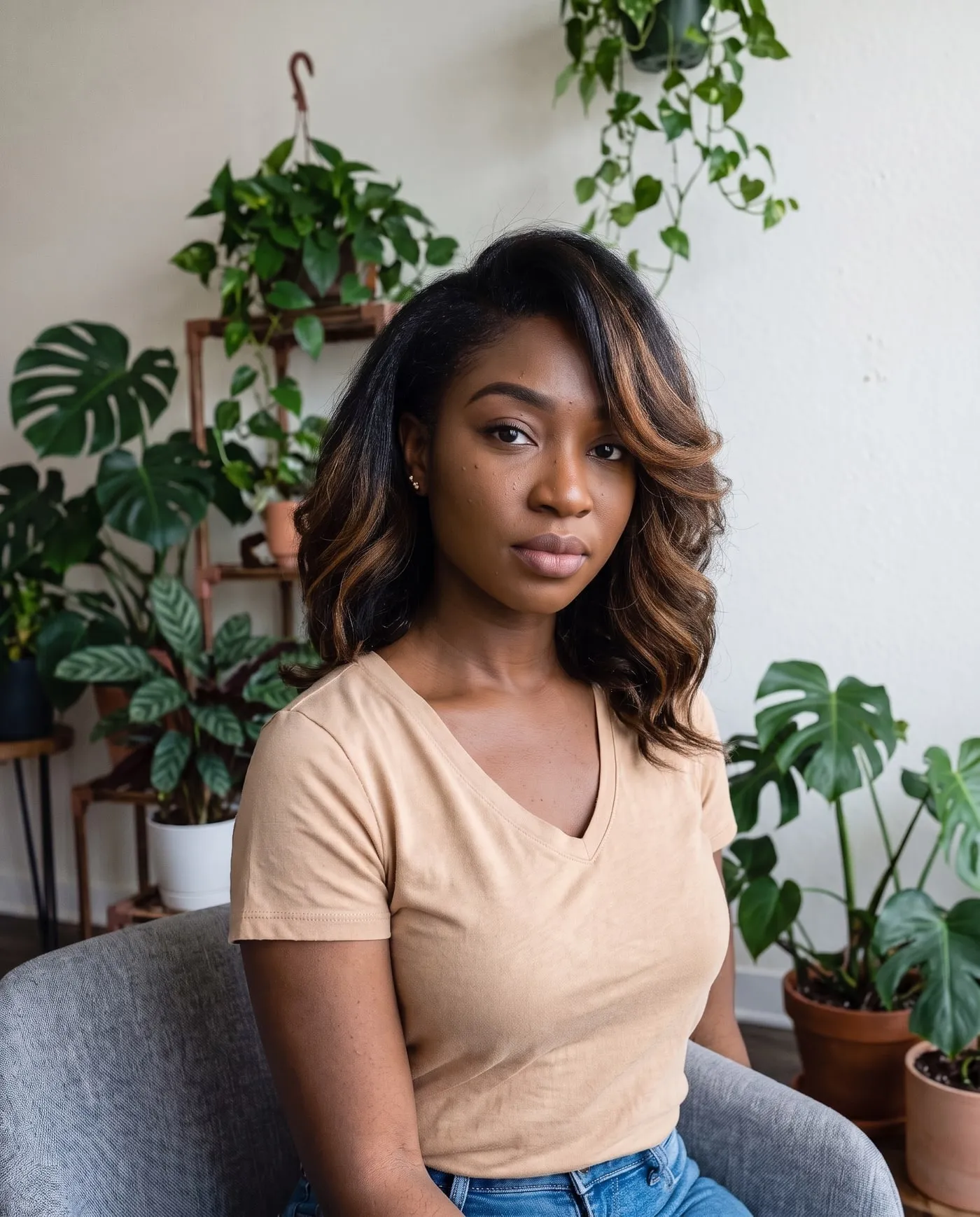 Silk press on coily hair in Montreal: client with sleek, straight hair and caramel highlights
